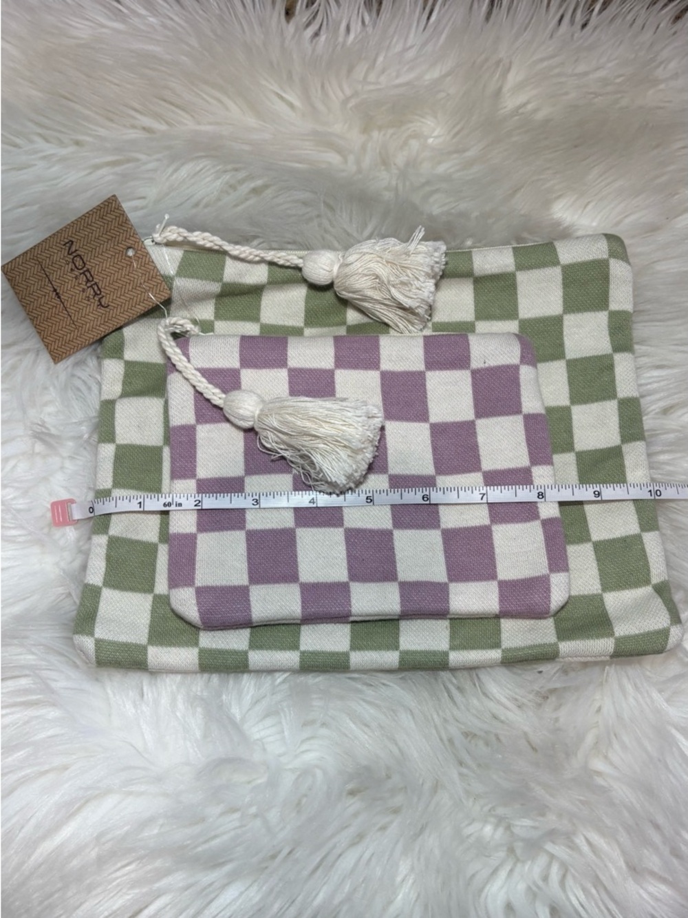 Checkered Cosmetic Pouch Set in Sage Green & Lavender Indian Artisans Unique - Picture 8 of 15